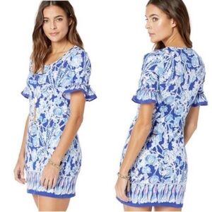Lilly‎ Pulitzer Blue Printed Mini Dress Size Small Ruffle Sleeve Preppy Summer